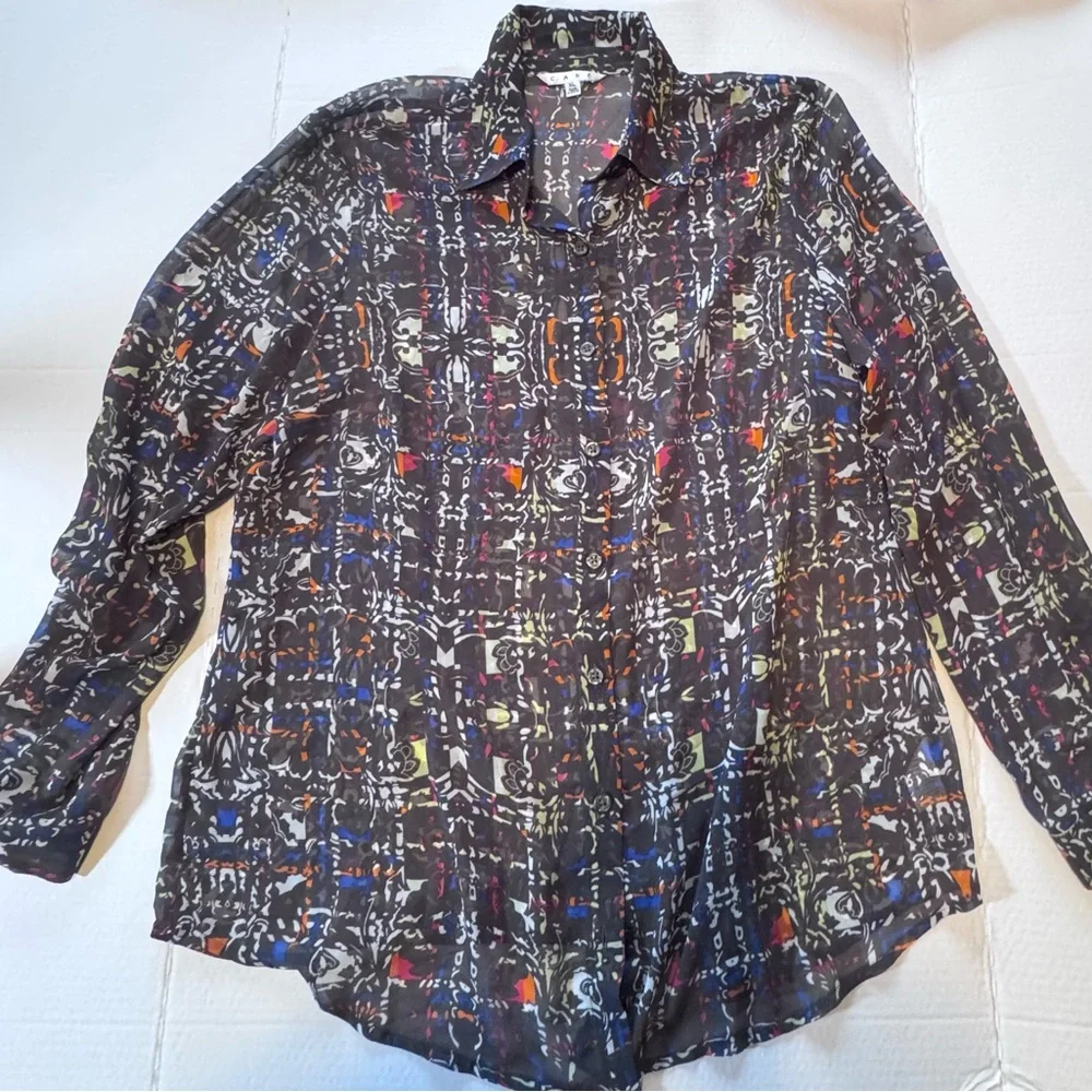 CABi XL Sheer Abstract Print Button Down Blouse Multicolor Career Top - Picture 3 of 12